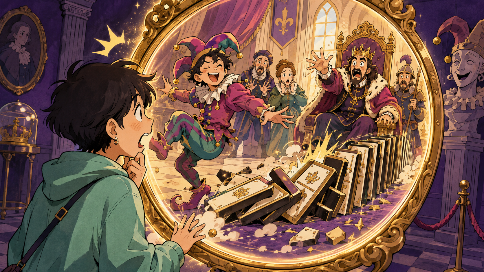 前世で盛大に何かをやらかした人物を描いたネタ診断の横長ビジュアル