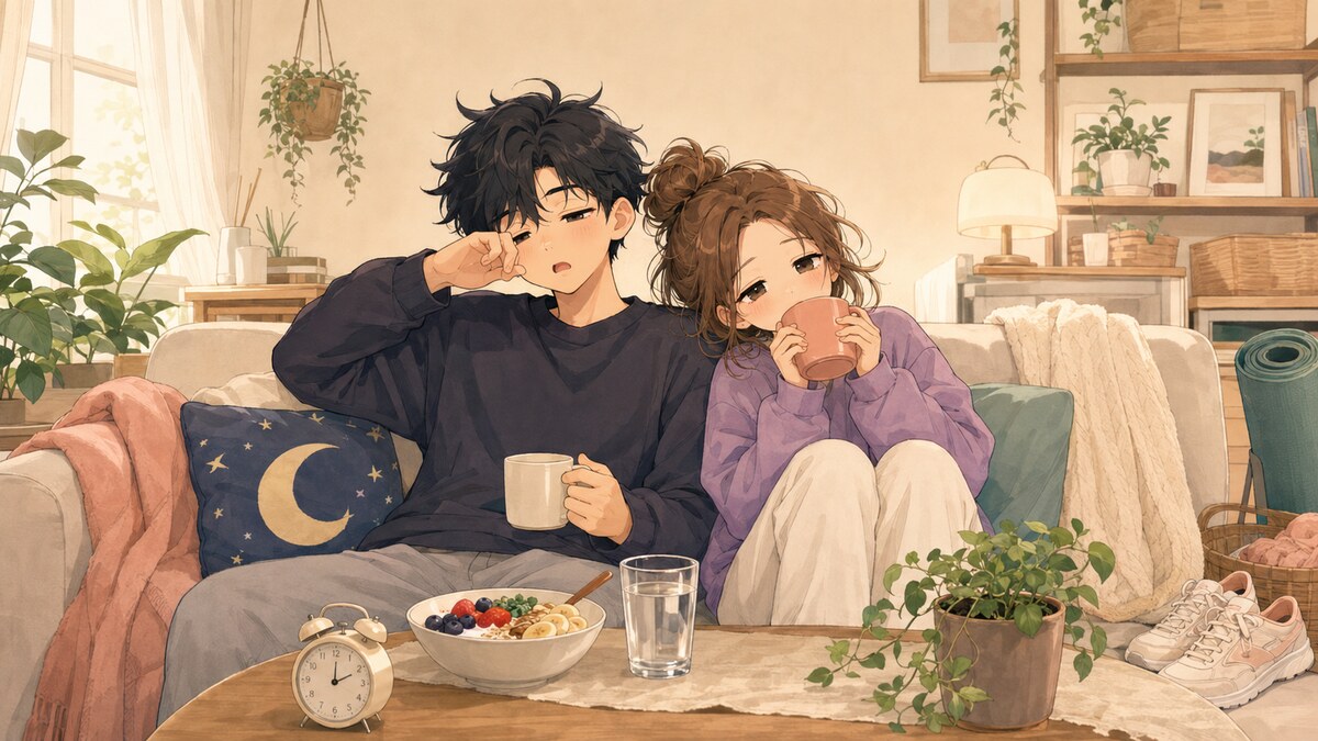 朝のリビングで休息する若い男女と生活習慣を表す小物