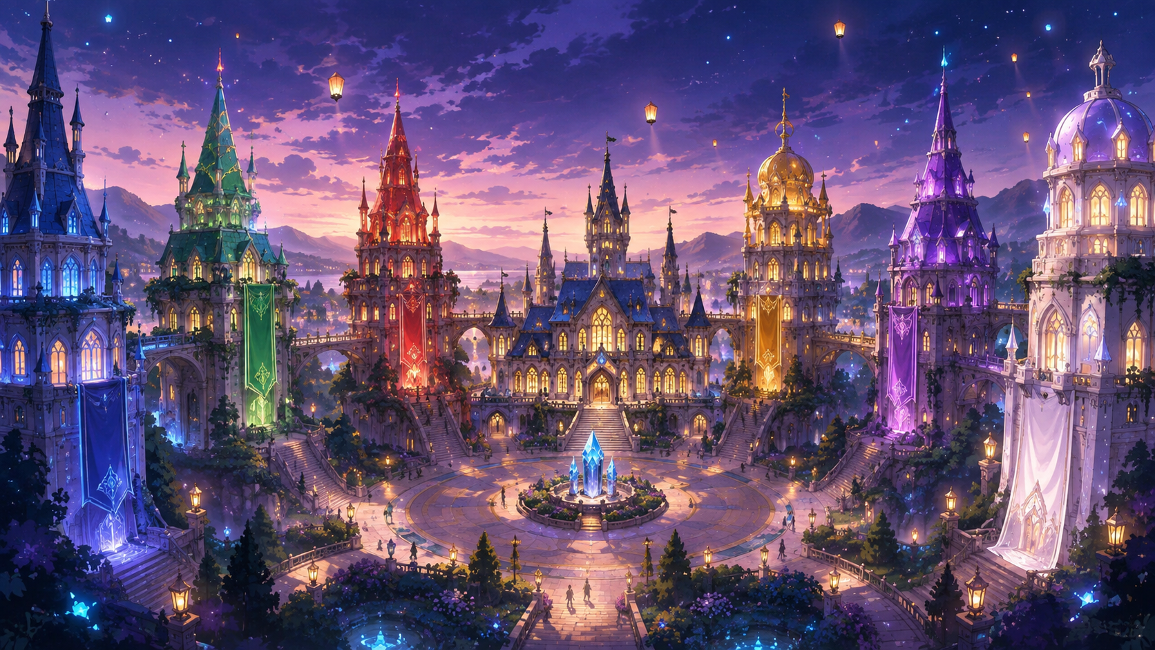 夜空にそびえる魔法学園を描いた、魔法学園の寮診断の横長ビジュアル