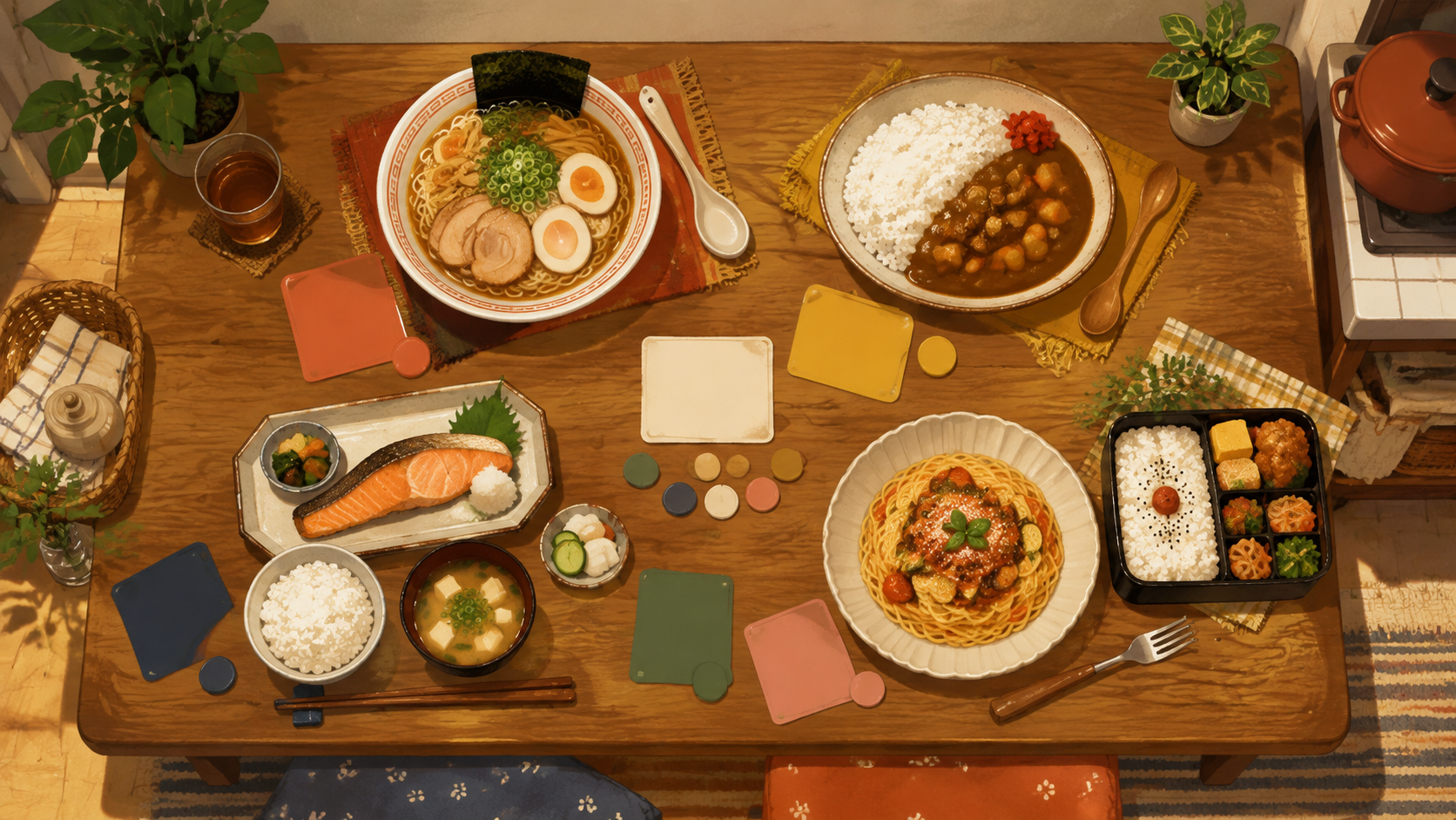 食卓と献立を描いた、今日のごはんどう決める診断の横長ビジュアル