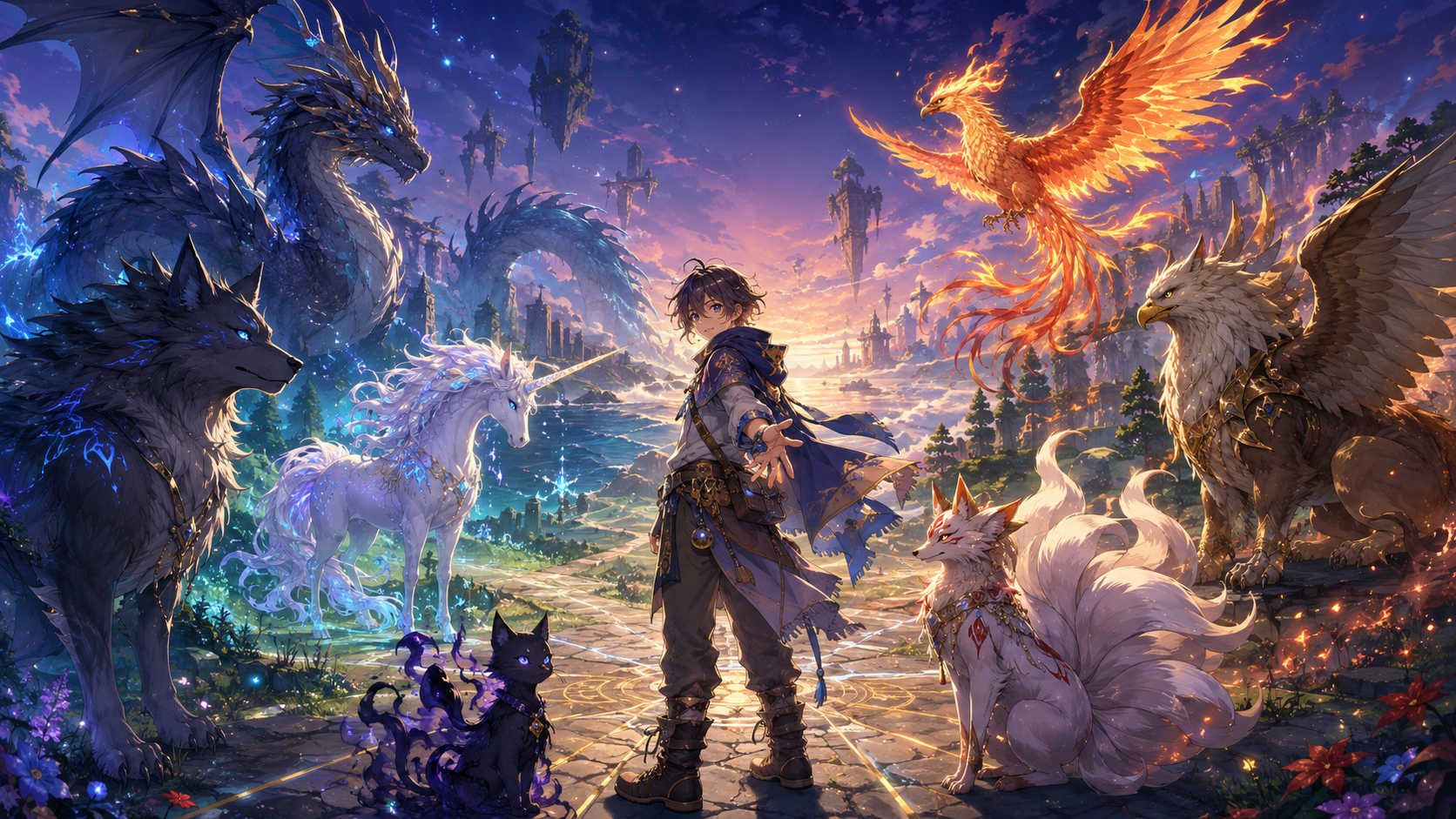 幻想世界で旅人を囲む幻獣たちを描いた、あなたの相棒になる幻獣診断の横長ビジュアル